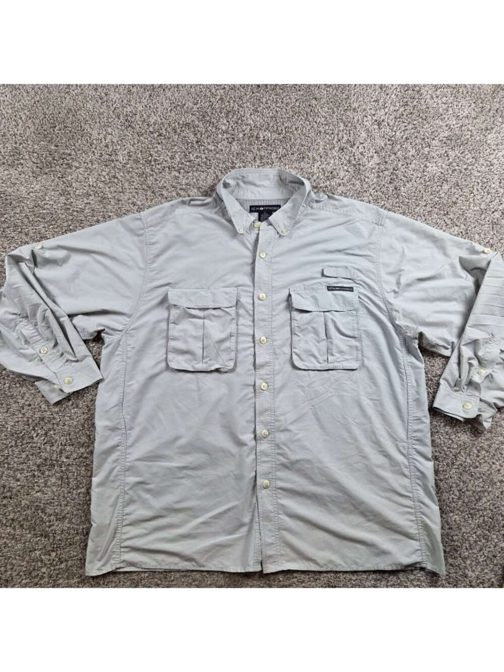 ExOfficio Shirt Mens 2XL Gray Long Sleeve Button Up Vented Fishing Roll Tab